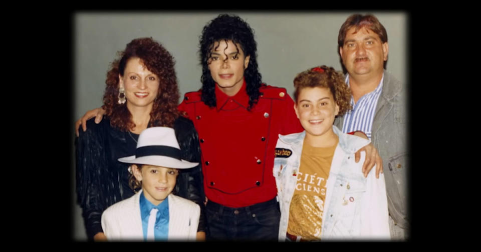 A photo of Michael Jackson with the Robson family featured in <em>Leaving Neverland</em> . (HBO)