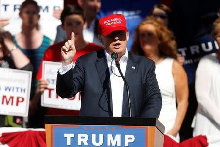 Republican U.S. presidential candidate Donald Trump speaks during a campaign rally in Lynden, Washington, U.S., May 7, 2016. REUTERS/Jim Urquhart