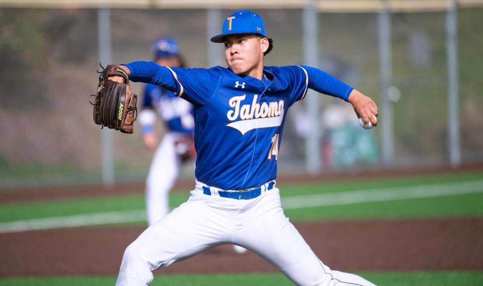 Tahoma starting pitcher Adam Jay delivers to the plate during Tuesday afternoon’s baseball game against the Federal Way Eagles at Federal Way High School in Federal Way, Washington, on Tuesday, April 18, 2023. Tahoma rallied to win the game, 4-2.