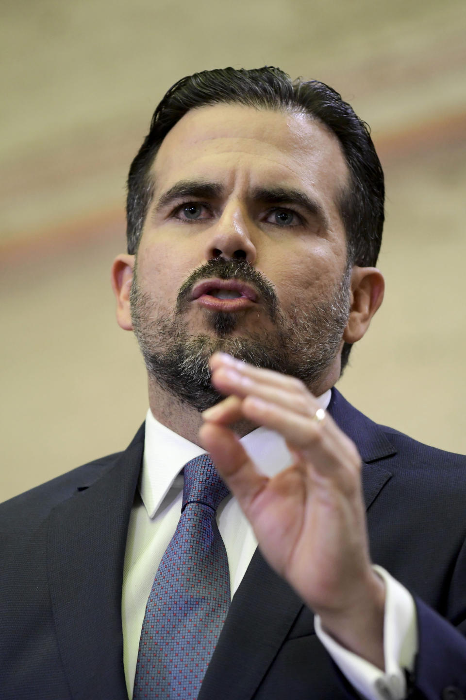 Puerto Rico's Gov. Ricardo Rossello delivers his commonwealth address at the seaside Capitol in San Juan, Puerto Rico, Wednesday, April 24, 2019. He pledged on Wednesday to lift the U.S. territory from a deep recession by creating more jobs, reversing a migration exodus and implementing a range of incentives as the island struggles to recover from Hurricane Maria. (AP Photo/Carlos Giusti)