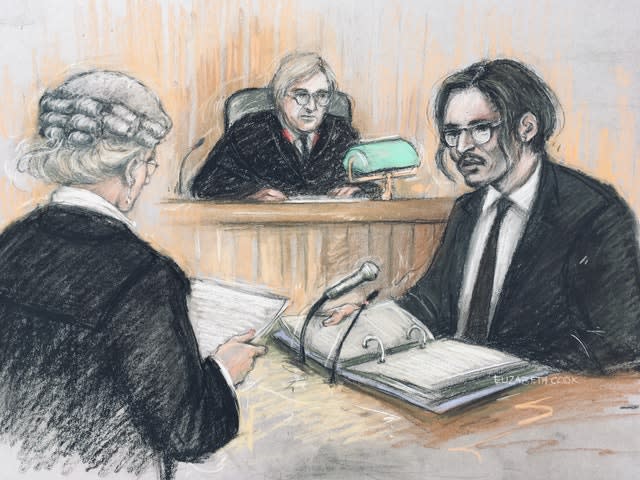 Court artist sketch by Elizabeth Cook of actor Johnny Depp being cross-examined by Sasha Wass QC before the judge, Mr Justice Nicol, at the High Court in London