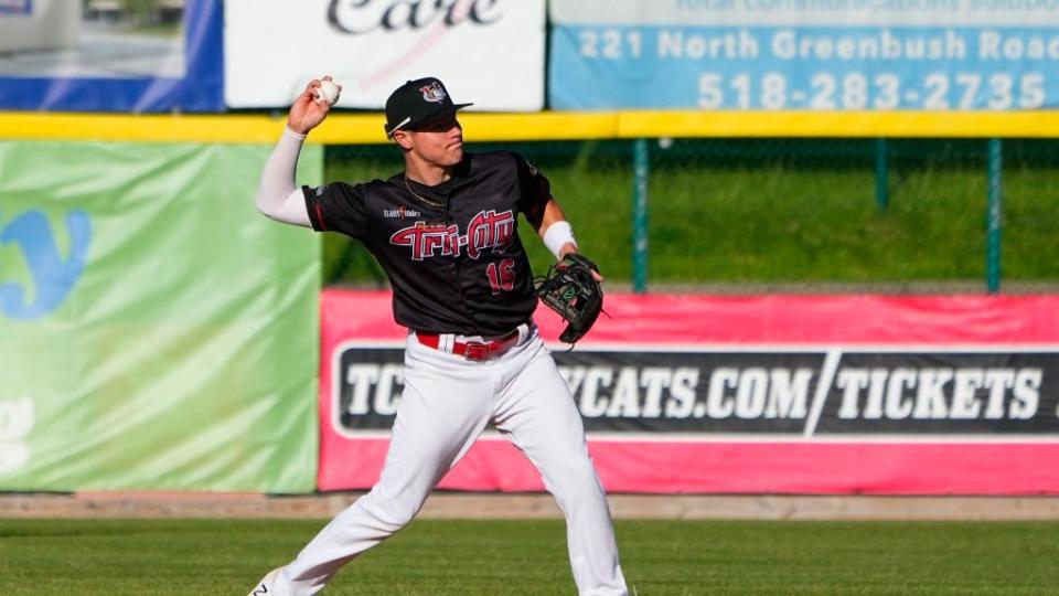 Joe Campagna, a former standout at Blackhawk and Slippery Rock, throws the ball across the diamond during a game with Tri-City in 2022. Campagna had his contract with Tri-City purchased by the Colorado Rockies on Jan. 20.