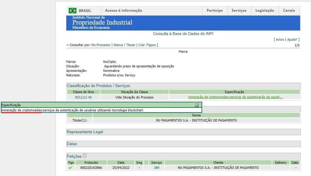 Pedido de registro de marca de criptomoedas do Nubank cita minera&#xe7;&#xe3;o