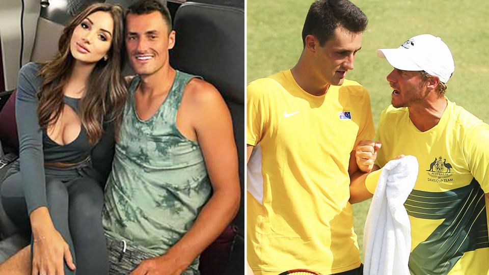 Bernard Tomic, pictured here with Vanessa Sierra and Lleyton Hewitt.