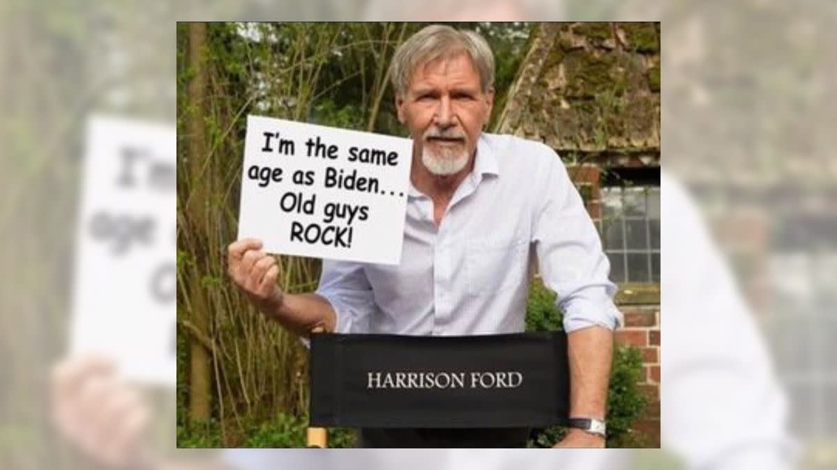 An online post purported Harrison Ford was photographed holding a sign displaying the words I