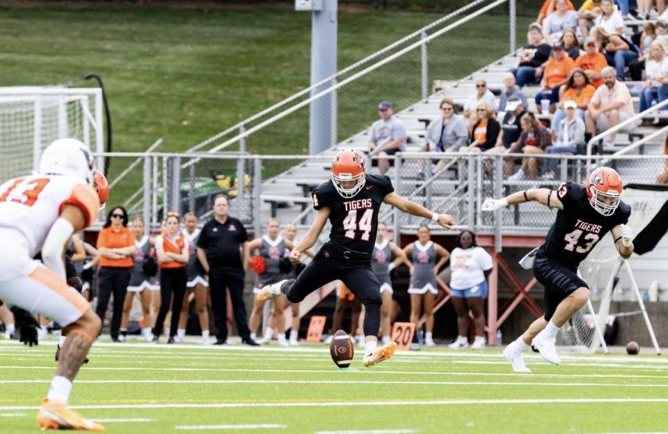 Sophomore kicker Drew Rader fires off this kickoff for Georgetown College in Kentucky.