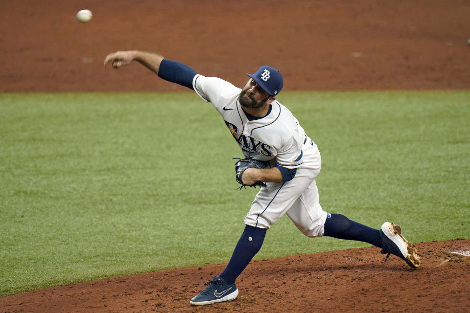 Tampa Bay Rays relief pitcher Andrew Kittredge delivers to New York Yankees' Giancarlo Stanton during the third inning of a baseball game Saturday, April 10, 2021, in St. Petersburg, Fla. (AP Photo/Chris O'Meara)