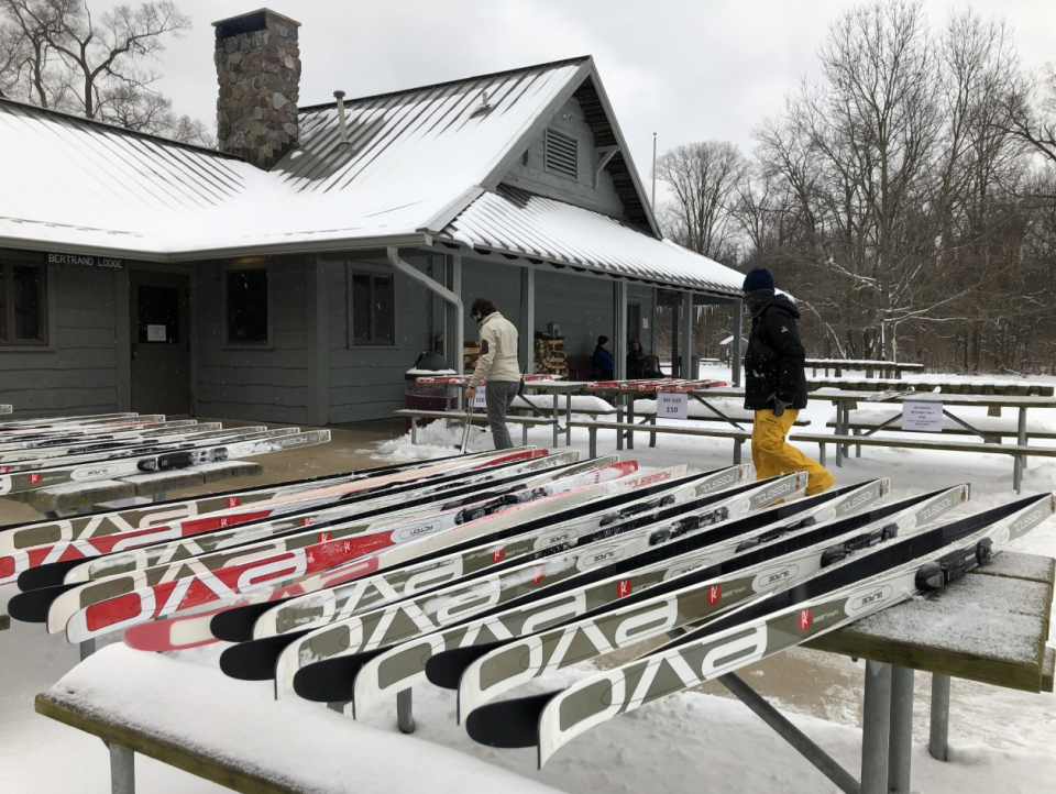Rental cross-country skis await visitors at Madeline Bertrand County Park in Niles, which, in 2021, set them outside to mind COVID concerns.