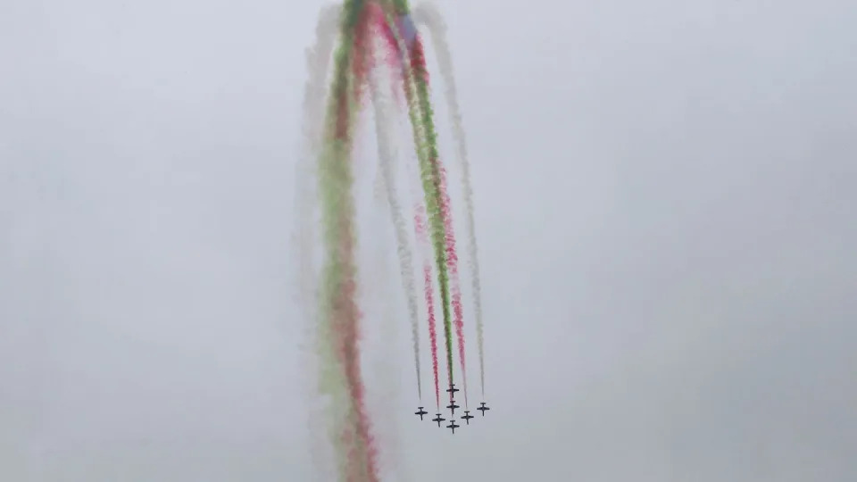 The Pakistan Air Force's aerobatic team Sherdils perform a maneuver during a military parade. (AP)