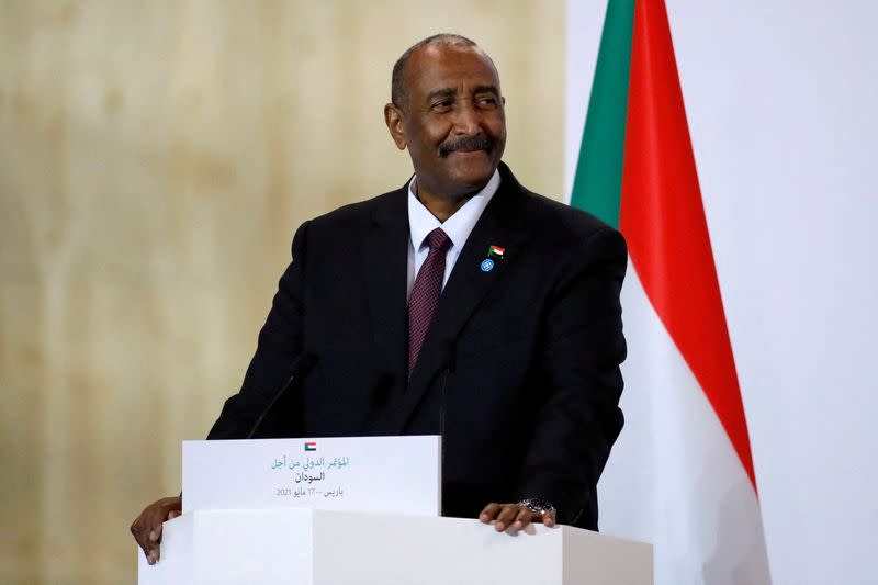 FILE PHOTO: Sudan's Sovereign Council Chief General Abdel Fattah al-Burhan attends a news conference during a visit to Paris, France