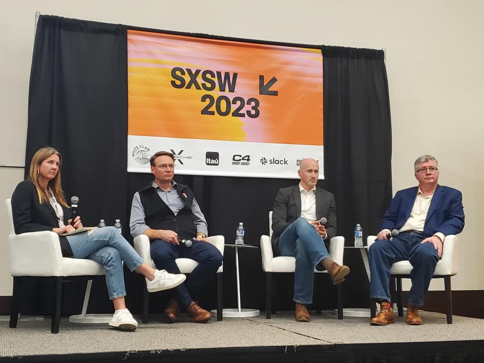From left, Kirsten Korosec, TechCrunch transportation editor, John Rich, vice president of Paccar, Sterling Anderson, co-founder of Aurora, and Rob Reich, vice president of Schneider, discuss the future of autonomous vehicles at South by Southwest.
