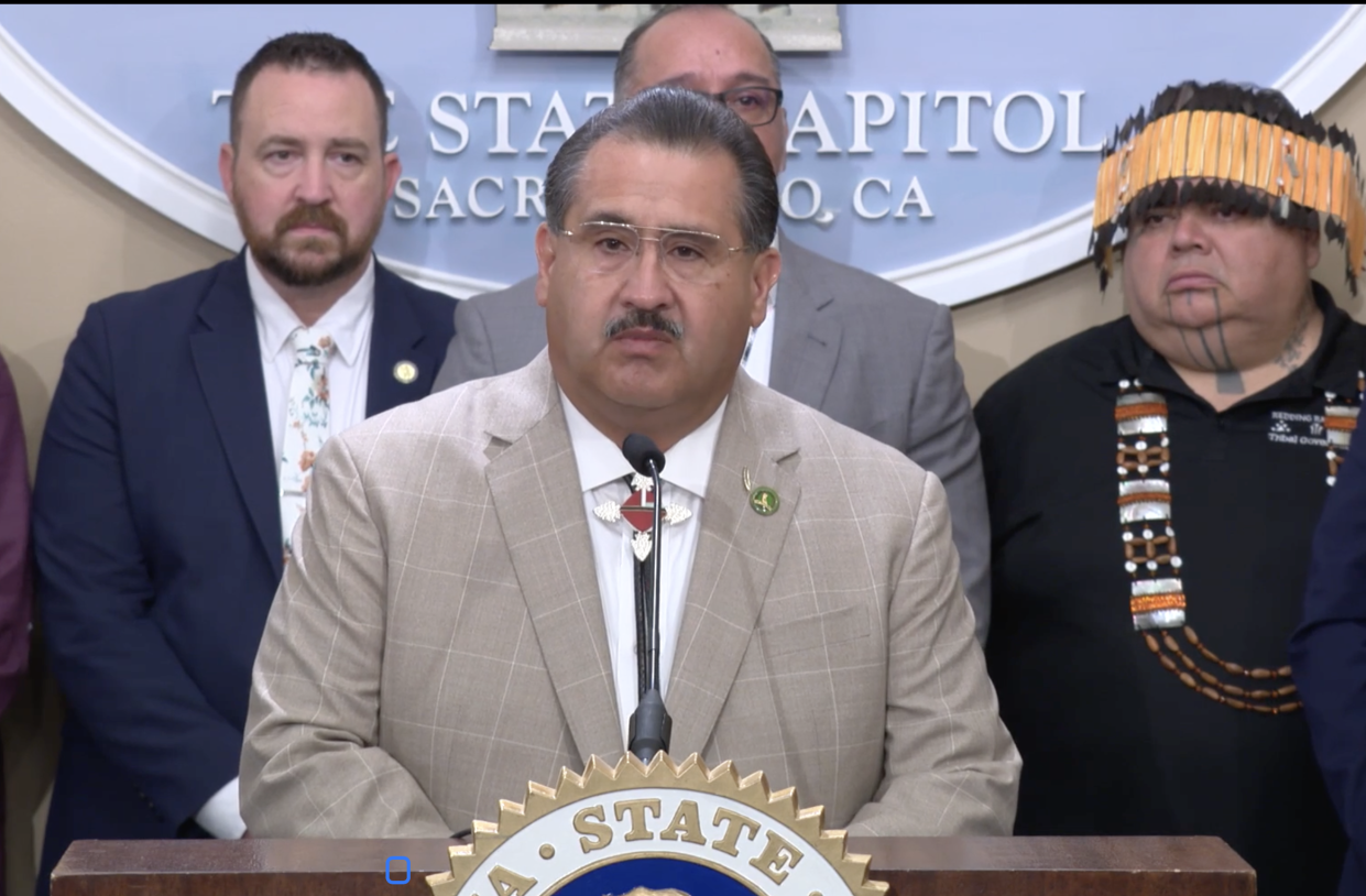 California Assemblyman James C. Ramos (San Manuel of Mission Indians) holds a press conference with tribal leaders on Tuesday. (Photo/California State Assembly)