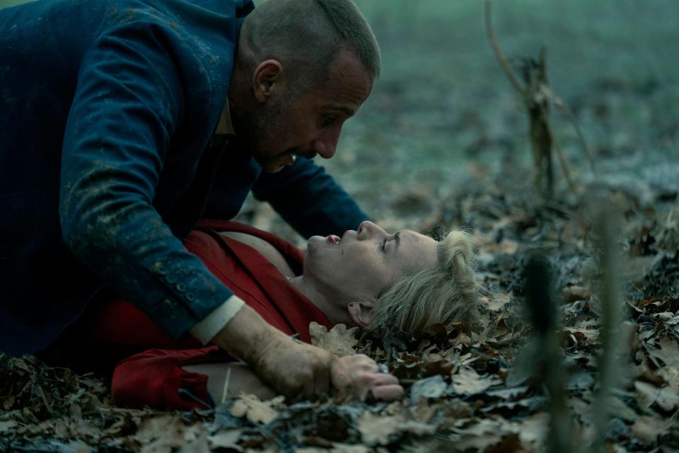 Herbert (Matthias Schoenaerts, left) and Elena (Kate Winslet) run for their lives in the series finale of "The Regime."
