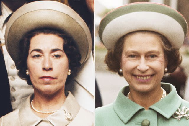 <p>Michael Putland/Getty; Serge Lemoine/Getty</p> Jeannette Charles in September 1974 (L); Queen Elizabeth II circa 1977