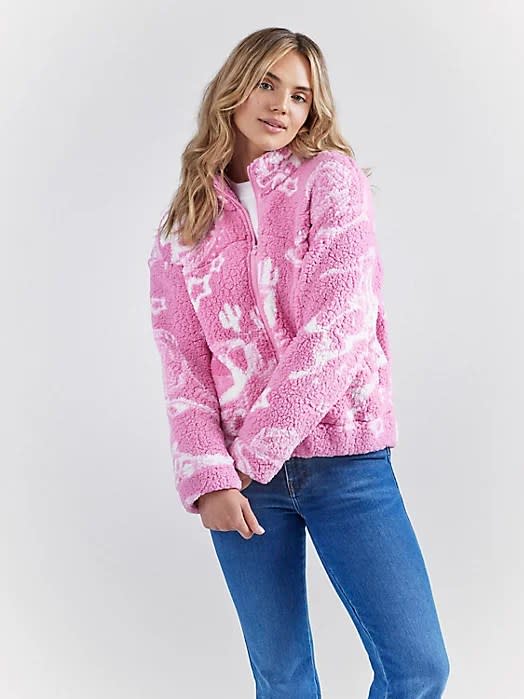pink sherpa jacket with barbie graphics