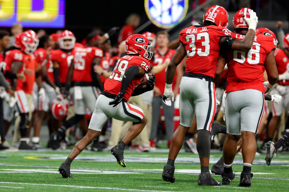 Christopher Smith streaked for a touchdown on a blocked field goal return as LSU — and even some of his teammates — stood and watched during the SEC championship game on Dec. 3, 2022 in Atlanta. (Kevin C. Cox/Getty Images)