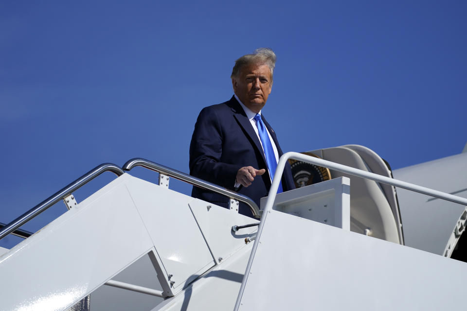 President Donald Trump boards Air Force One for a trip to Greenville, N.C. to attend a campaign rally, Oct. 15, 2020, in Andrews Air Force Base, Md. (Evan Vucci/AP)