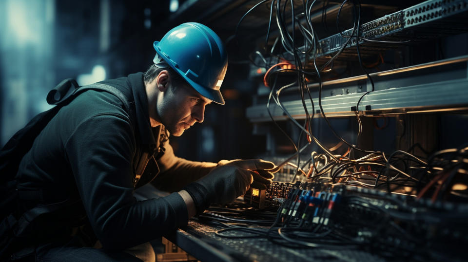 A close-up view of an engineer deploying a new piece of internet infrastructure.