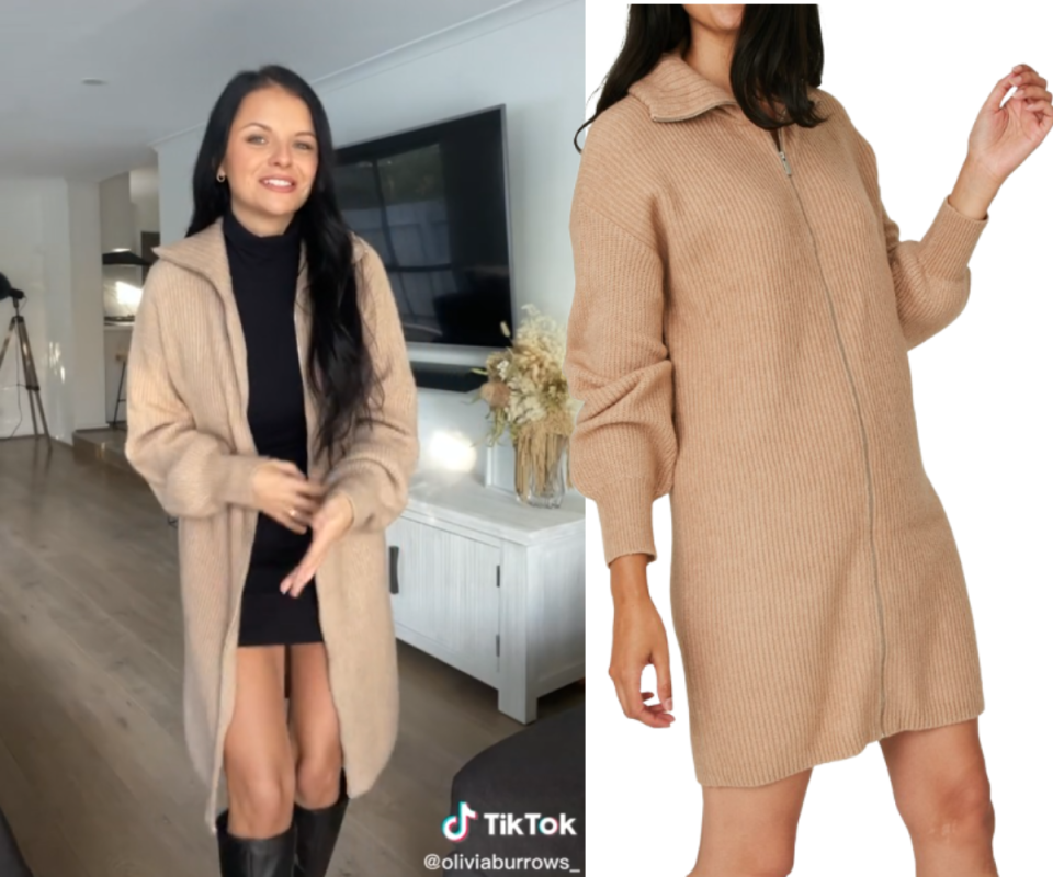 Left: Olivia Burrows wears a beige knitted long dress open over a black halter mini dress and knee high black boots. Right: A woman models the same dress zipped up on a white background