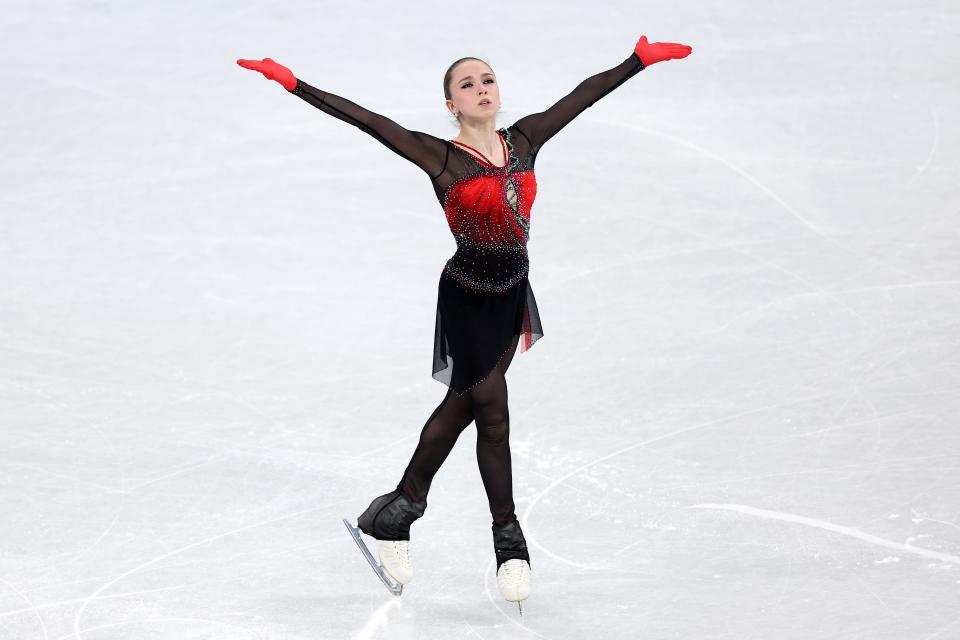 Kamila Valieva of Team ROC reacts during the Women Single Skating Free Skating Team Event (Getty Images)