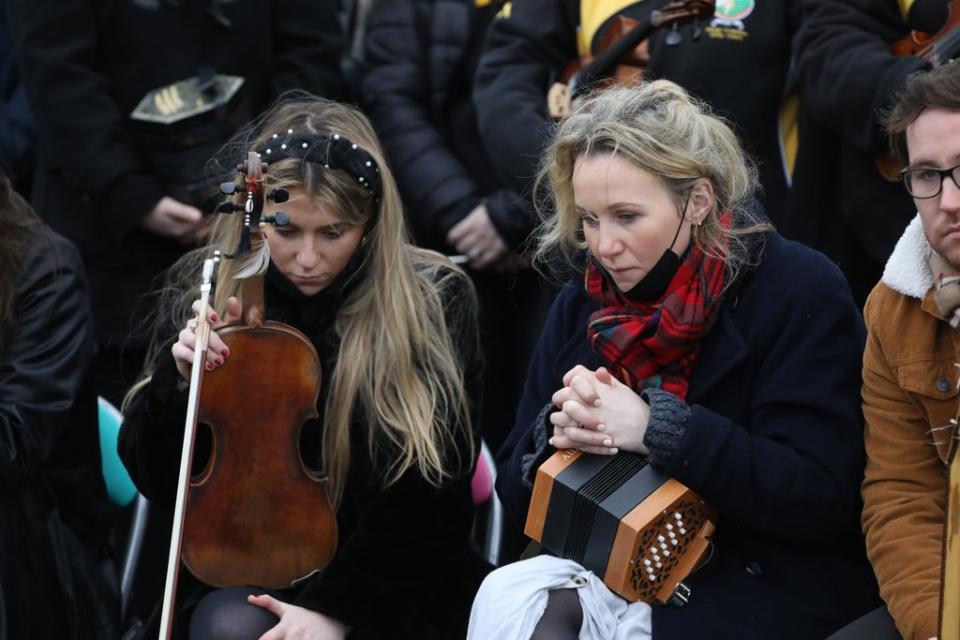 Traditional Irish musicians play outside St Brigid’s Church, Mountbolus, Co Offaly, at Ashling Murphy’s funeral (Damien Eagers/PA) (PA Wire)