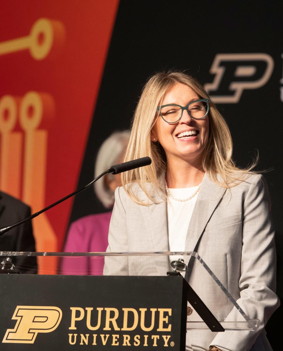 West Lafayette Mayor Erin Easter speaks during the announcement of the partnership between Purdue University and SK hynix, Wednesday, April 3, 2024, at Purdue Memorial Union in West Lafayette, Ind.