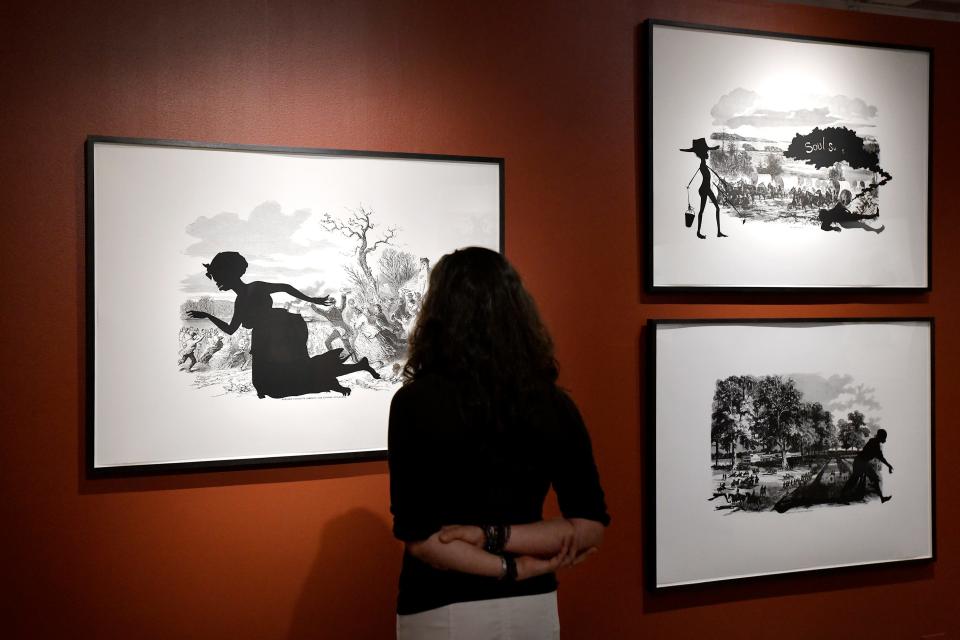 Images from Kara Walker's "Harper's Pictorial History of the Civil War" where Walker enlarged the civil war era illustrations from the newspaper and layered them with her signature silhouette imagery to obscure and subvert the original message of the illustrations Wednesday, June 29, 2022.