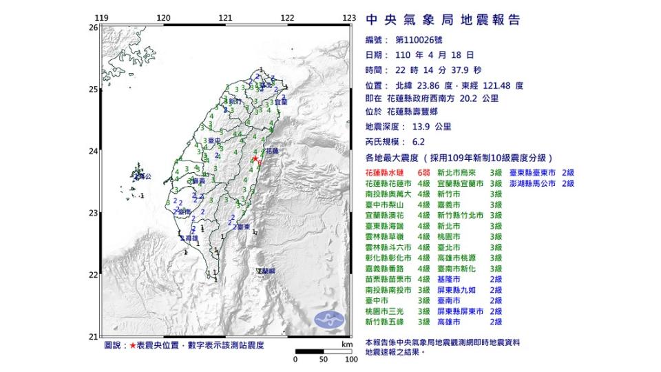 昨晚22時14分發生芮氏規模6.2地震。（圖／翻攝自中央氣象局）