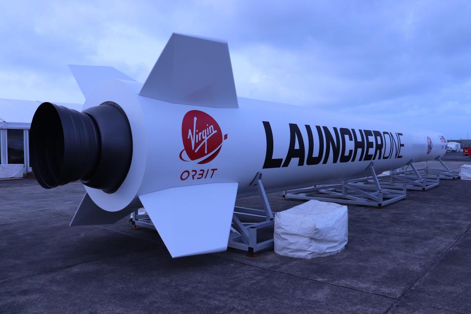 Replica of LauncherOne at Spaceport Cornwall.