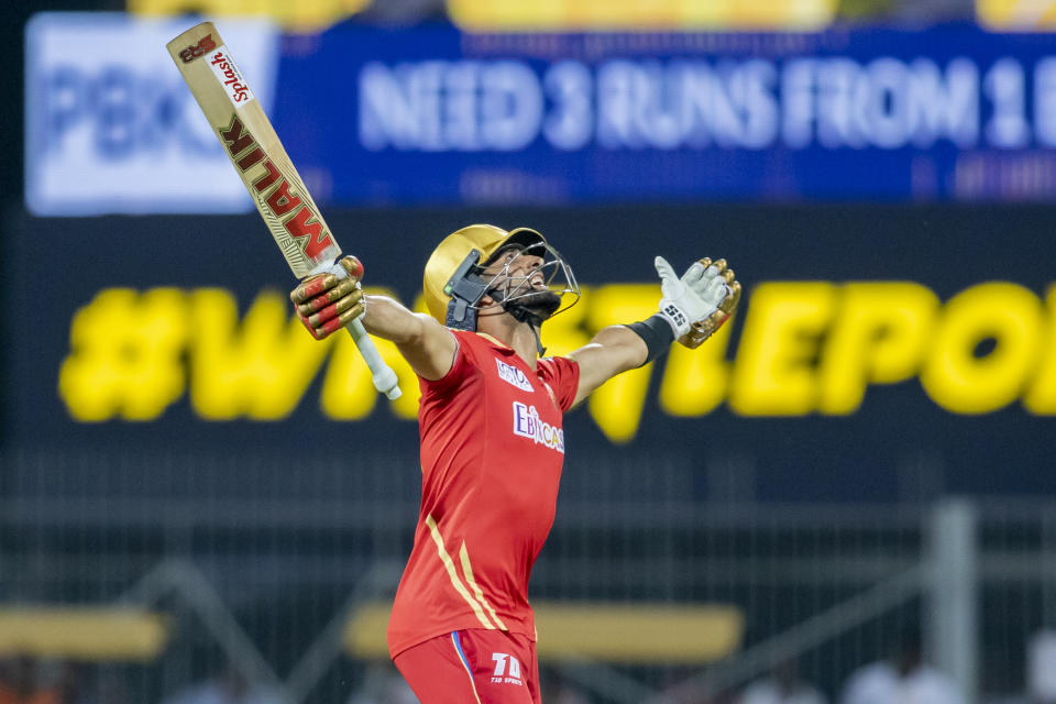 Sikandar Raza of Punjab Kings celebrates after winning the Indian Premier League cricket match between Chennai Super Kings and Punjab Kings in Chennai, India, Sunday, April 30, 2023. (AP Photo/ R. Parthibhan)