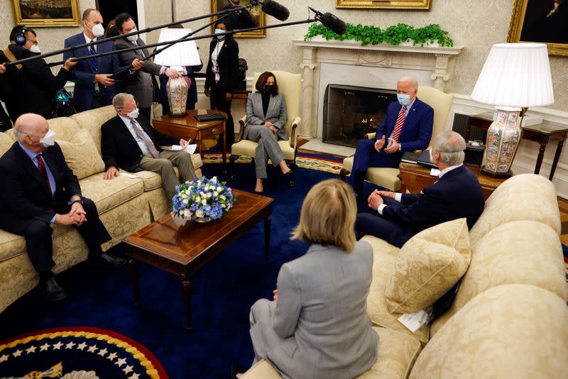 Meeting on infrastructure investment at the Oval Office of the White House in Washington