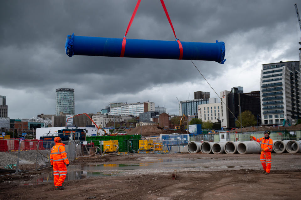 <p>A water main is lifted and moved at HS2�s Curzon Street site in Birmingham. Picture date: Monday May 10, 2021.</p>
