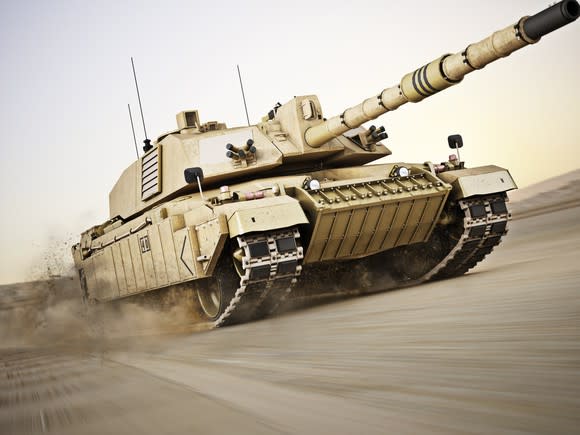 Abrams main battle tank in motion across sand