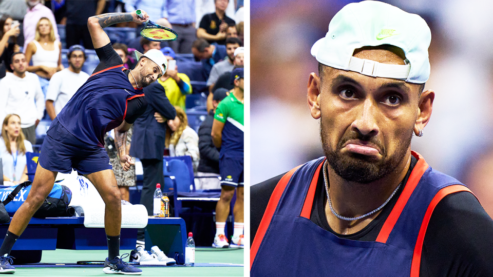 Nick Kyrgios, pictured here smashing two racquets in a post-match meltdown at the US Open.