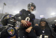 FILE - In this Dec. 1, 2019, file photo, Baltimore Ravens kicker Justin Tucker (9) is carried off field by his teammates after making a game winning field goal against the San Francisco 49ers in an NFL football game in Baltimore, Md. Baltimore won 20-17. Tucker was selected to the 2010s NFL All-Decade Team announced Monday, April 6, 2020, by the NFL and the Pro Football Hall of Fame. (AP Photo/Julio Cortez, File)