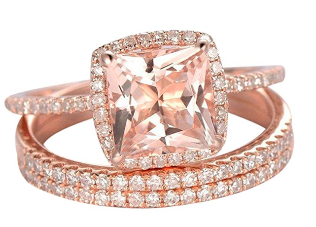 Sale on Trio Wedding Ring Set, 2 Carat Morganite and Diamond Trio Set, Engagement Ring and 2 Matching Wedding bands, 10k Rose Gold. Image via Amazon. 