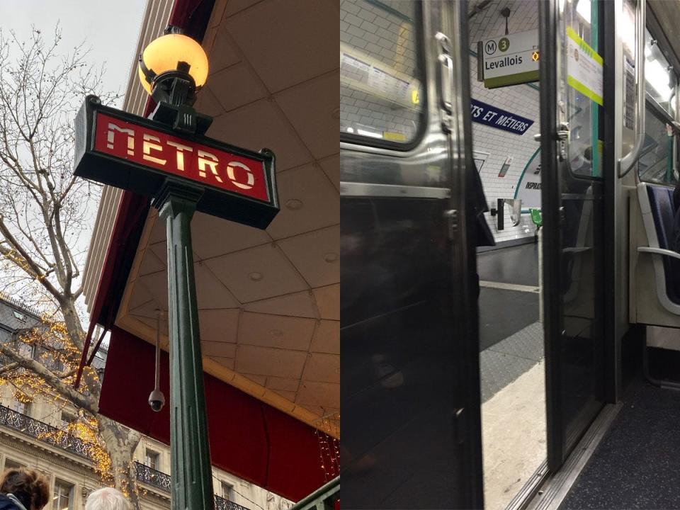 paris metro sign on left, metro doors on right