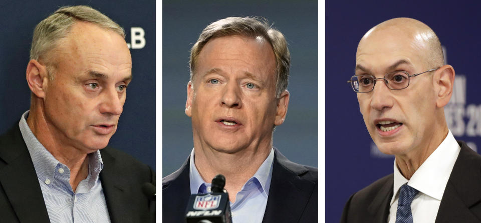 FILE - From left are file photos showing Major League Baseball commissioner Rob Manfred, NFL commissioner Roger Goodell and NBA commissioner Adam Silver. Nobody can say with precise certainty how many coronavirus tests that the NBA, NHL and Major League Baseball would need before those leagues can resume playing games. (AP Photo/File)