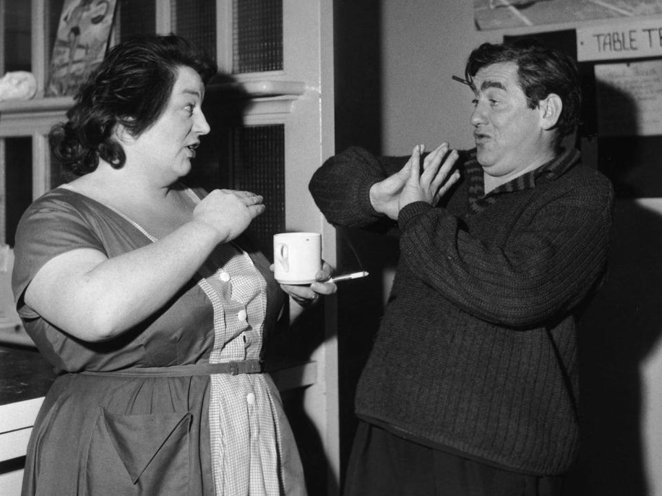 Tony Hancock jokes with Hattie Jacques during rehearsals for ‘Hancock’s Half Hour’ in 1959 (Getty)