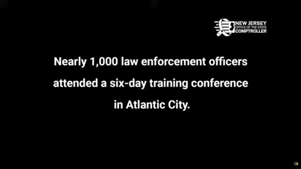 This still image provided by New Jersey State Comptroller Office shows a graphic from the NJ State Comptrollers Office report regarding a police training video. An October 2021 police training seminar in New Jersey, instructors made lewd comments about women, encouraged officers to pull people over for no reason and showed a photo of a monkey after discussing pulling over a 75-year-old Black man, according to a new state comptroller's report.” (New Jersey State Comptroller Office via AP)