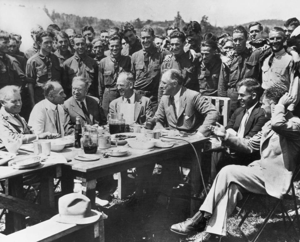 President Franklin Delano Roosevelt visits the Civilian Conservation Corps (CCC) camp in Big Meadows in the Shenandoah Valley, Virginia. (Photo: Bettmann via Getty Images)