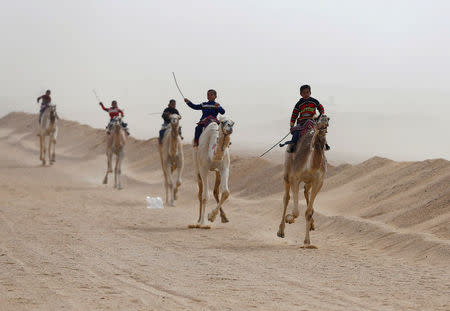 Jockeys, most of whom are children, compete on their mounts during the opening of the International Camel Racing festival at the Sarabium desert in Ismailia, Egypt, March 21, 2017. Picture taken March 21, 2017. REUTERS/Amr Abdallah Dalsh