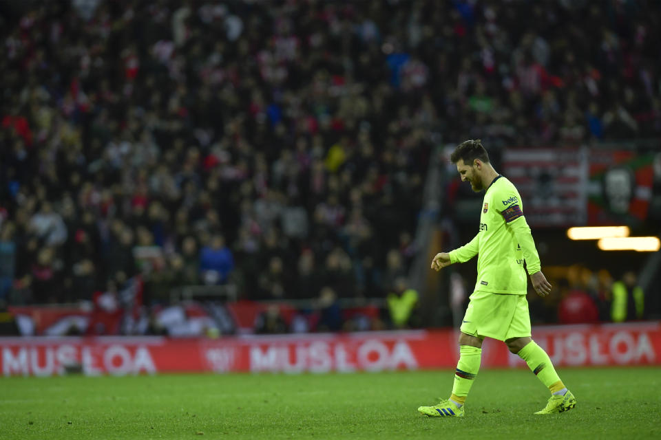 FC Barcelona's Leonel Messi, leaves the pitch at the end of the match during the Spanish La Liga soccer match between Athletic Bilbao and FC Barcelona at San Mames stadium, in Bilbao, northern Spain, Sunday, Feb. 10, 2019. FC Barcelona tied the match 0-0. (AP Photo/Alvaro Barrientos)