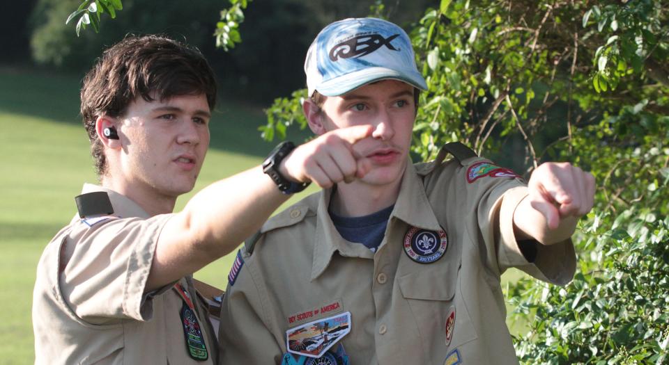 Oak Wallace, left, and Steven Thompson, both scouts with Hendersonville Boy Scout troop 628 design an orienteering course while working on their orienteering merit badge at Jackson Park on Aug. 25.