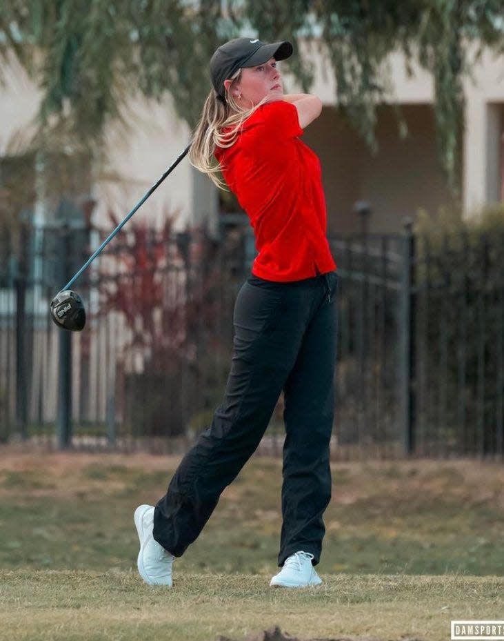 Ripon's Katie Martin hits a ball during one of the Indians high school girls' golf meets during the 2023-24 season.