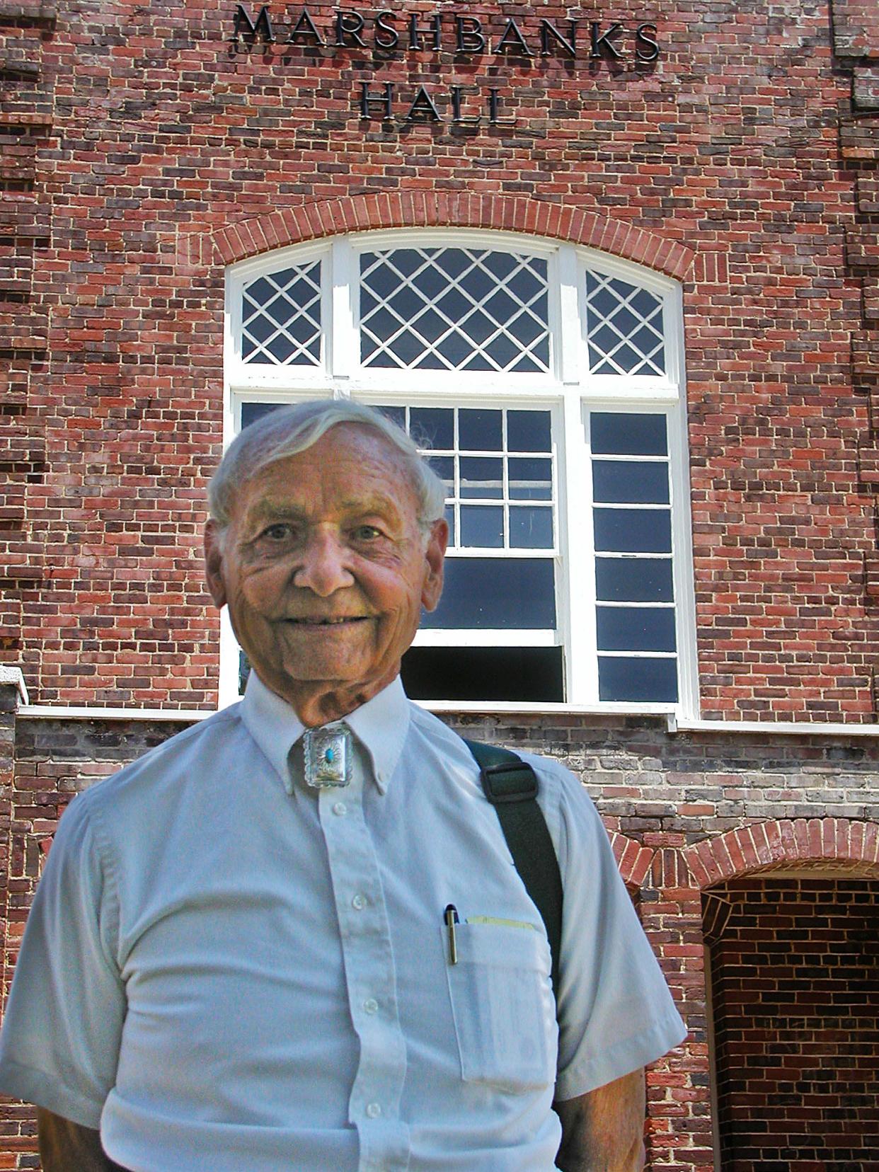 Harley Jolley stands in front of Blackwell Hall, the building at Mars Hill College where he taught from 1949-91.