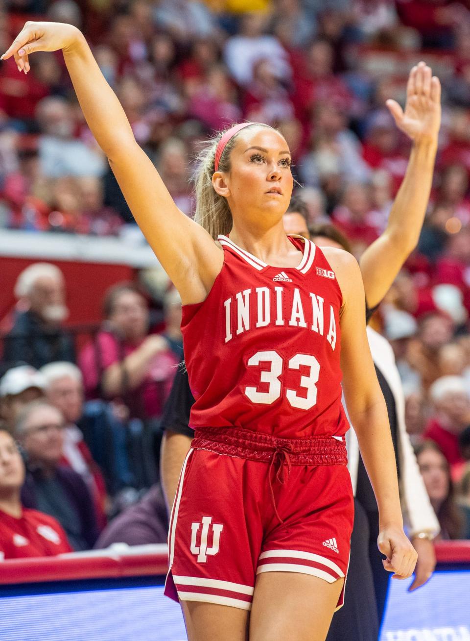 Indiana's Sydney Parrish (33) watches her 3-pointer go in during the Indiana versus Quinnipiac women's basketball game at Simon Skjodt Assembly Hall on Sunday, Nov. 20, 2022.