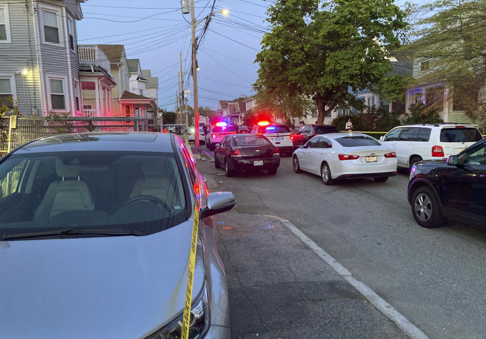 Authorities respond to the scene where multiple people were wounded in a shooting, Thursday, May 13, 2021, in Providence, R.I. (AP Photo/William J. Kole)