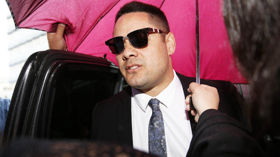 Jarryd Hayne, pictured here arriving at Newcastle Court for his sentence hearing.