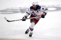 New York Rangers center Mika Zibanejad (93) skates against the Boston Bruins during the third period of an NHL hockey game, Saturday, May 8, 2021, in Boston. (AP Photo/Charles Krupa)